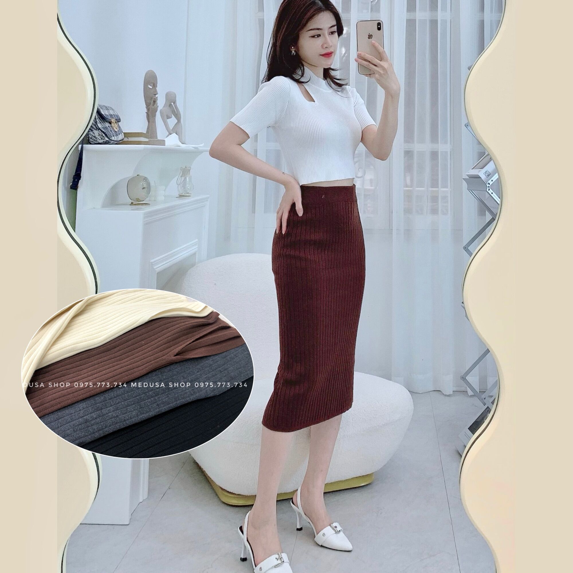 Chân váy len dáng lỡ xẻ chất dày dặn
