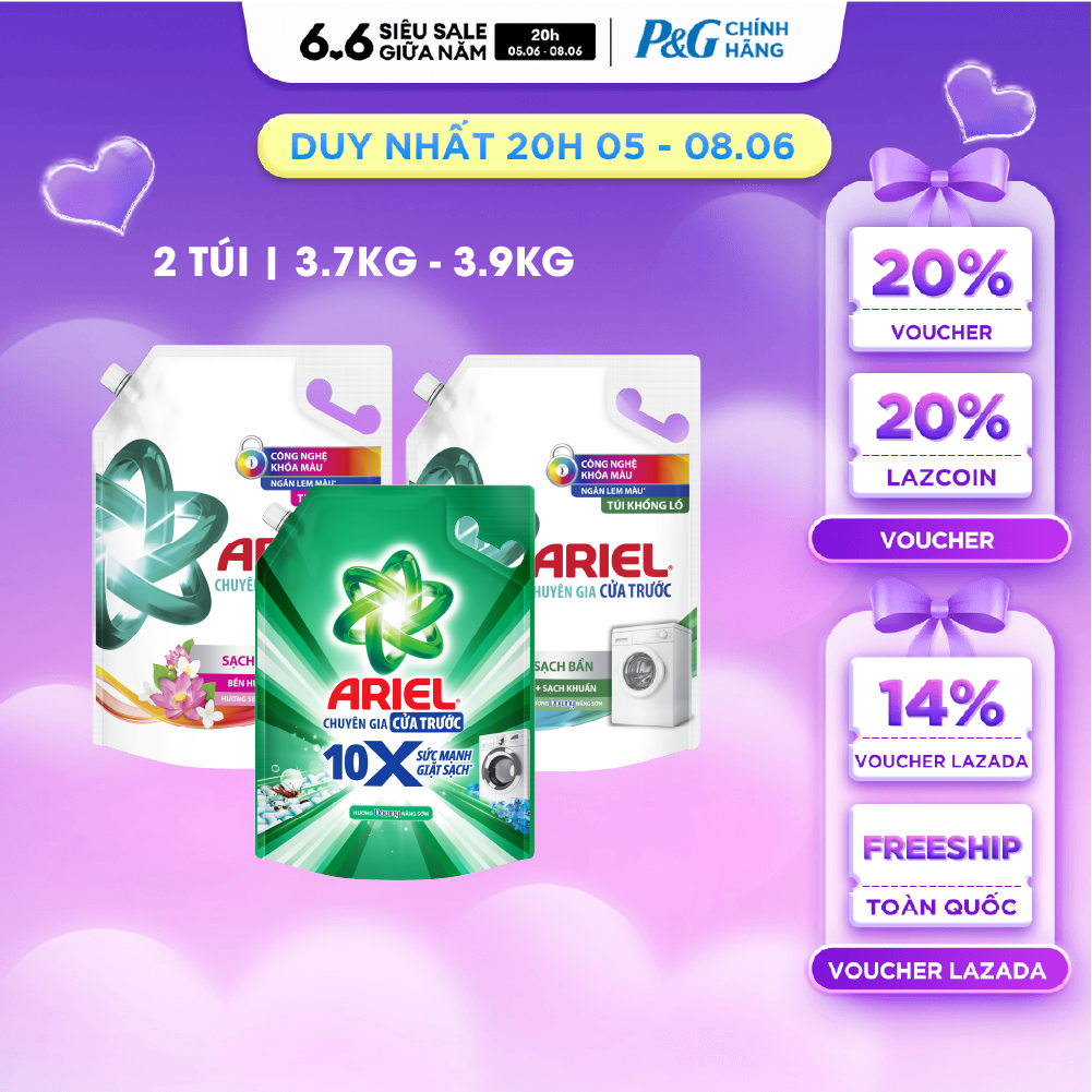 Combo 2 Nước Giặt Cửa Trước ARIEL Ngăn Lem Màu, Quần Áo Siêu Thơm Hương Downy Nắng Sớm/ Hương Sen Nhài/ Oải Hương Túi 3.9KG/ 3.7KG