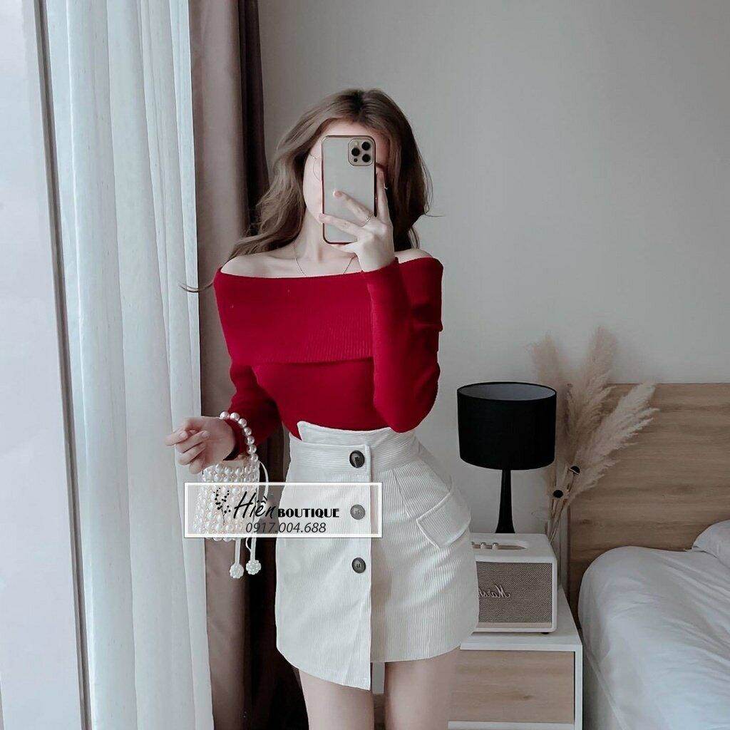 Áo bẹt vai len đỏ rực rỡ siêu đẹp