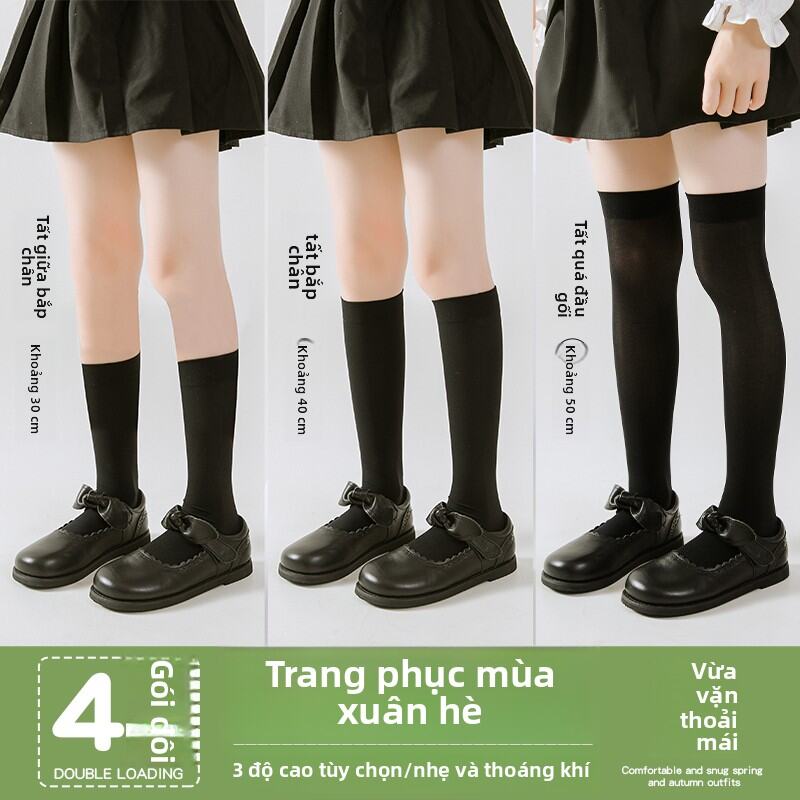 Tất Nữ Mùa Hè Mỏng Màu Đen Trắng Ngắn Đến Đầu Gối Cho Bé Gái Tất Nylon Trẻ Em Dài Đến Giữa Bắp Chân 