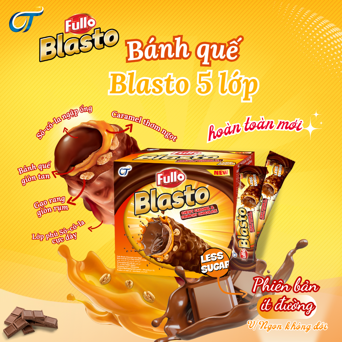 Combo 2 hộp _ ÍT ĐƯỜNG _ FULLO BLASTO LESS SUGAR _ Bánh quế choco (socola) caramel gạo rang (Hộp 180g)