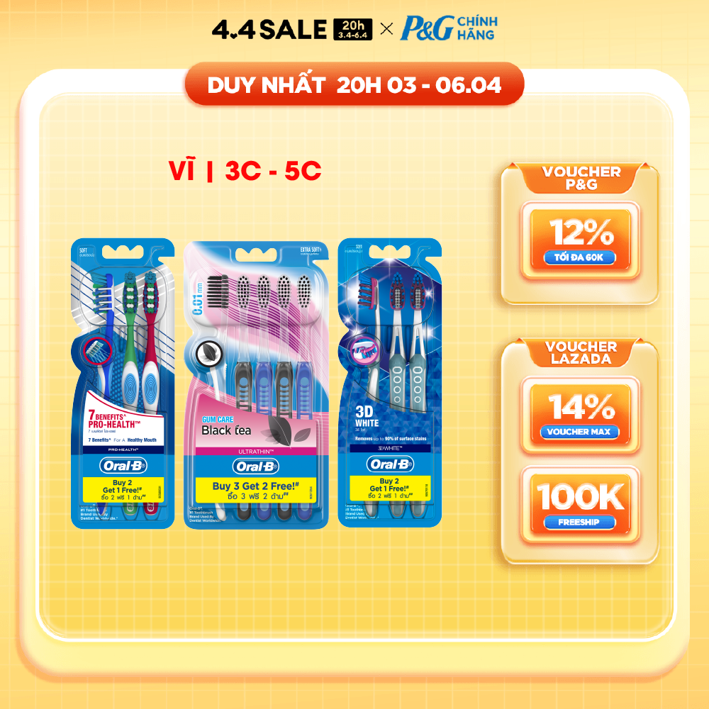 Bàn Chải Đánh Răng ORAL-B 3D White/ 7 Tác Động/ Trà Đen/ Trà Xanh Vỉ 3 Cây/ 5 Cây