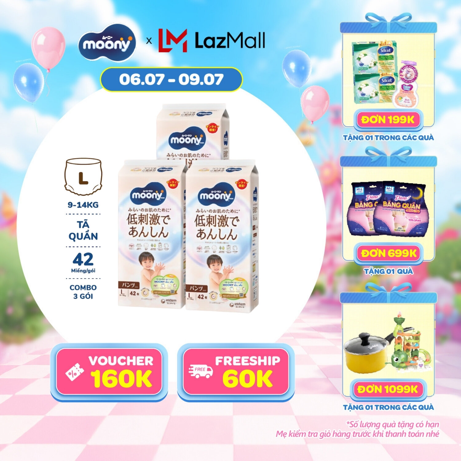 [SALE CUỐI THÁNG QUÀ SLCH] [Gói Jumbo - Mới] Combo 3 tã quần Moony dịu nhẹ L42 miếng - Nhập khẩu từ Nhật Bản