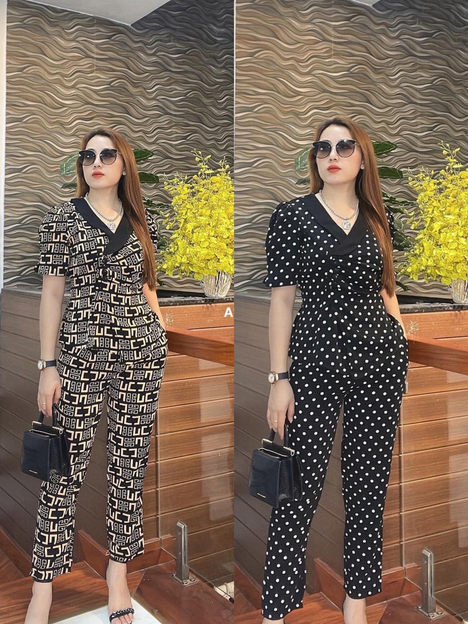Set đồ bộ kiểu thiết kế cổ vest tay ngắn quần dài chất liệu lụa mềm mại