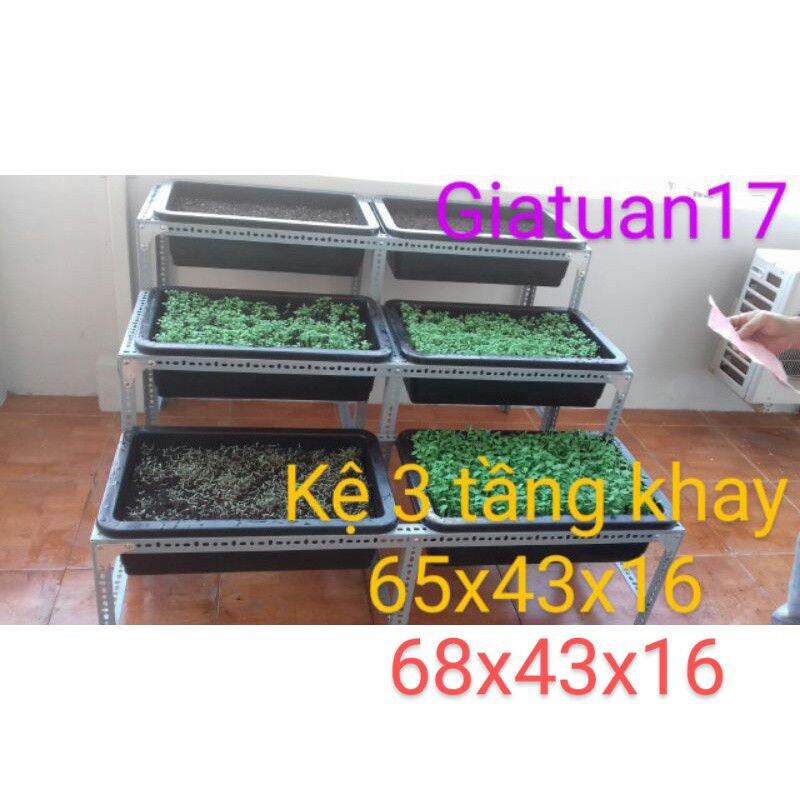 Kệ khung sắt 4x4cm v lỗ bậc thang trồng rau 3 tầng mỗi tầng 2 khay 65x42x15 cm, 67x42x15