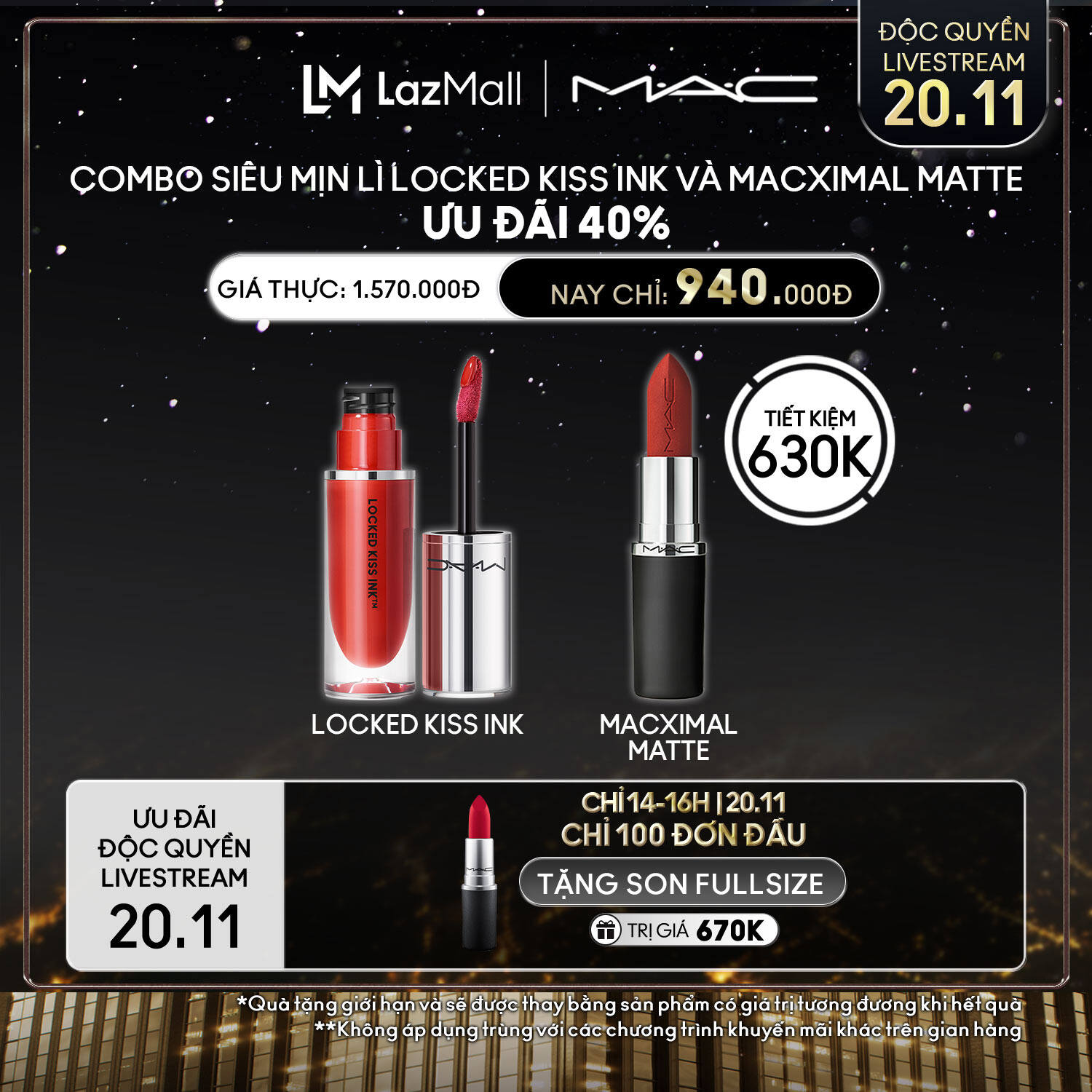 [[ĐỘC QUYỀN LIVESTREAM 20.11] MAC - Bộ 2 món: Son Kem Locked Kiss Ink Lipcolour, Son thỏi MACXIMAL Matte Lipstick/Sản phẩm son lì dạng kem, chống nước và không trôi, hiệu ứng lì.Sản phẩm không trôi khi hôn và cảm giác n