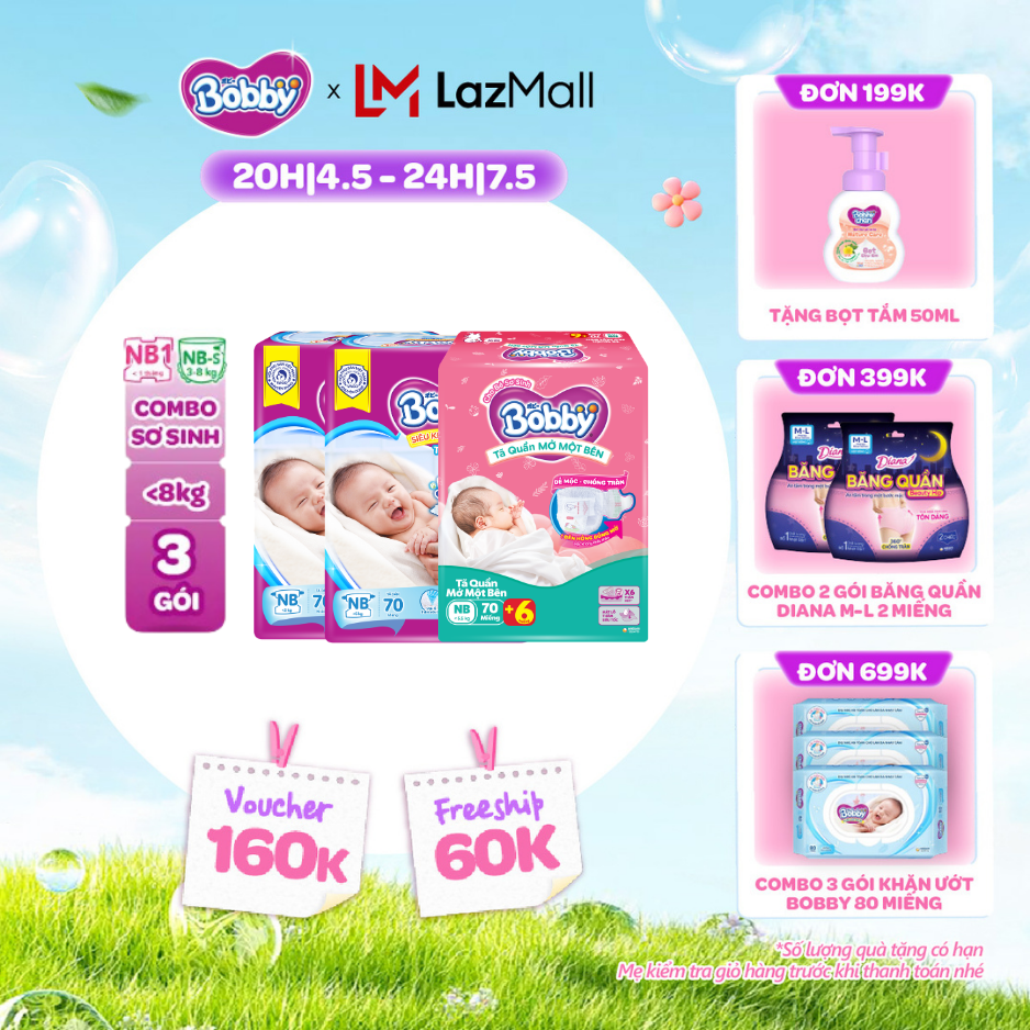 [CHỈ 20h 04-07.05 QT Đơn 899K/1199K][TẶNG MIẾNG NGẪU NHIÊN] Combo sơ sinh gồm 02 gói Tã dán Bobby NB70 miếng và  01 gói Tã quần mở một bên NB-S 74 miếng