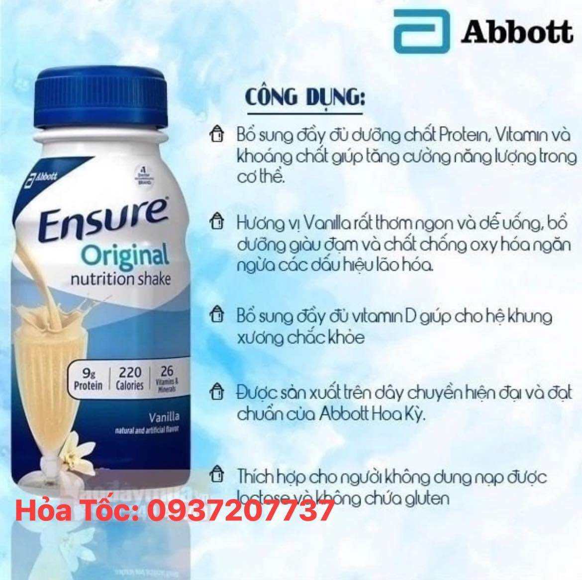 Bay MỸ Date 8.2024. Thùng 16 Chai Sữa Nước Ensure Original Vanilla 237ml x