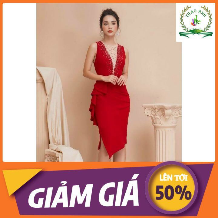 Đầm nữ ôm body umi eo xếp li cổ v phối lưới đính đá sang trọng + thao anh