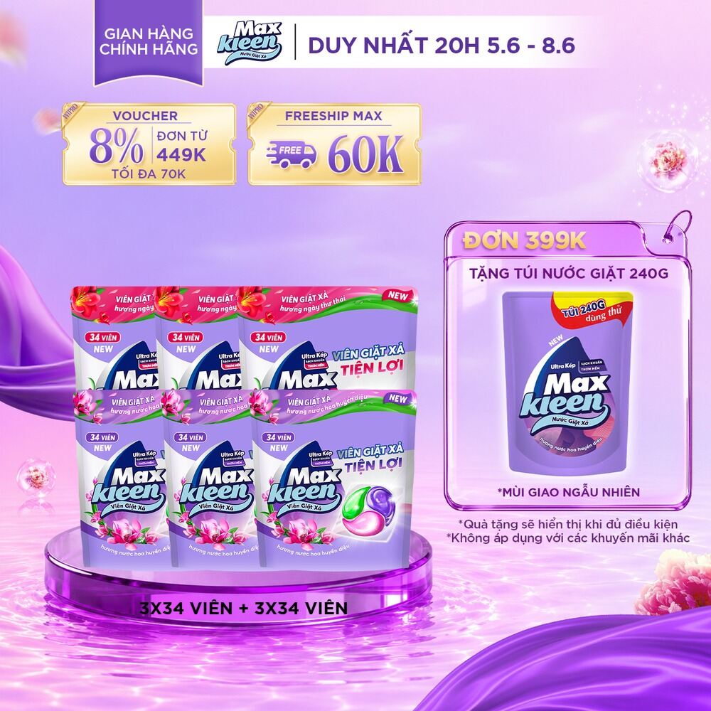 Combo 6 Túi viên giặt xả MaxKleen gồm 3 Túi hương Nước Hoa Huyền Diệu + 3 Túi hương Ngày Thư Thái (34 viên/ túi)