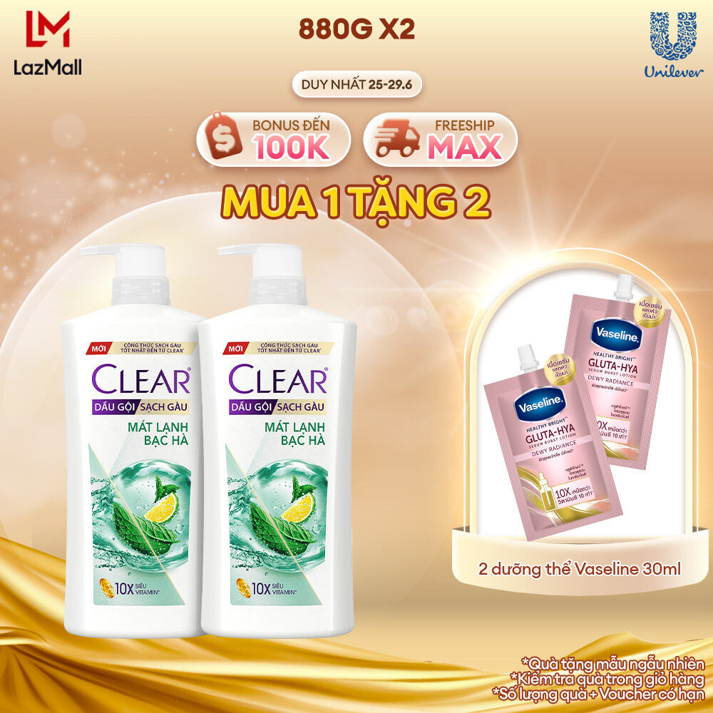 Combo 2 Dầu gội đầu Sạch Gàu Clear Mát Lạnh Bạc Hà 880g