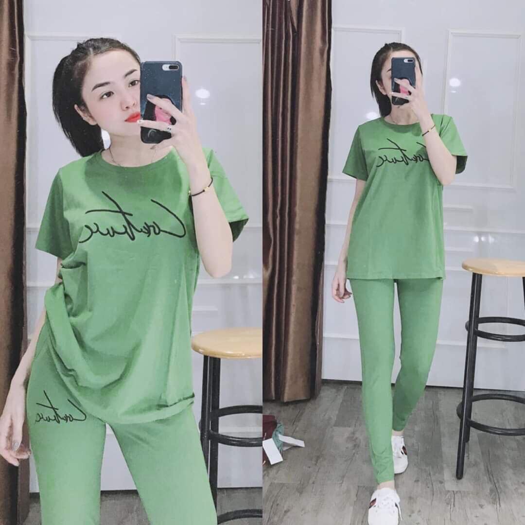 Set bộ đồ bộ dài mặc nhà thêu chữ dễ thương