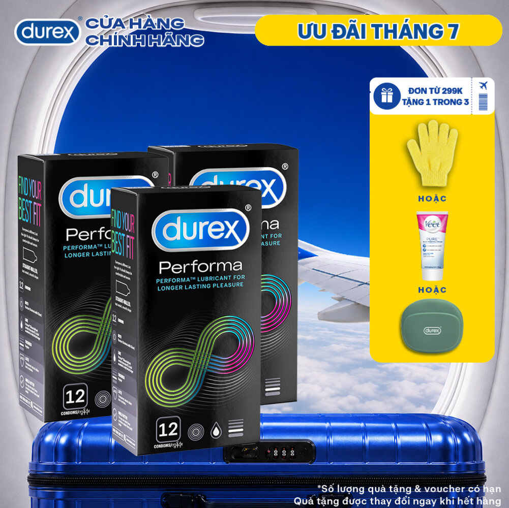 Bộ 3 hộp bao cao su Durex Performa kéo dài thời gian, size 52mm, 12 bao/hộp