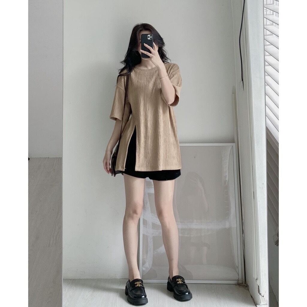 Áo thun xẻ tà cực chất ba màu trắng nâu đen