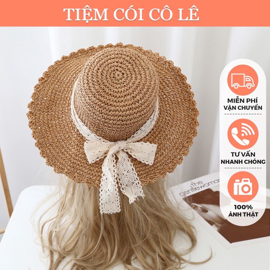 Nón cói đi biển thắt nơ ren dễ dàng gấp gọn, mũ cói vành rộng kiểu dáng vintage - tiệm cói cô lê