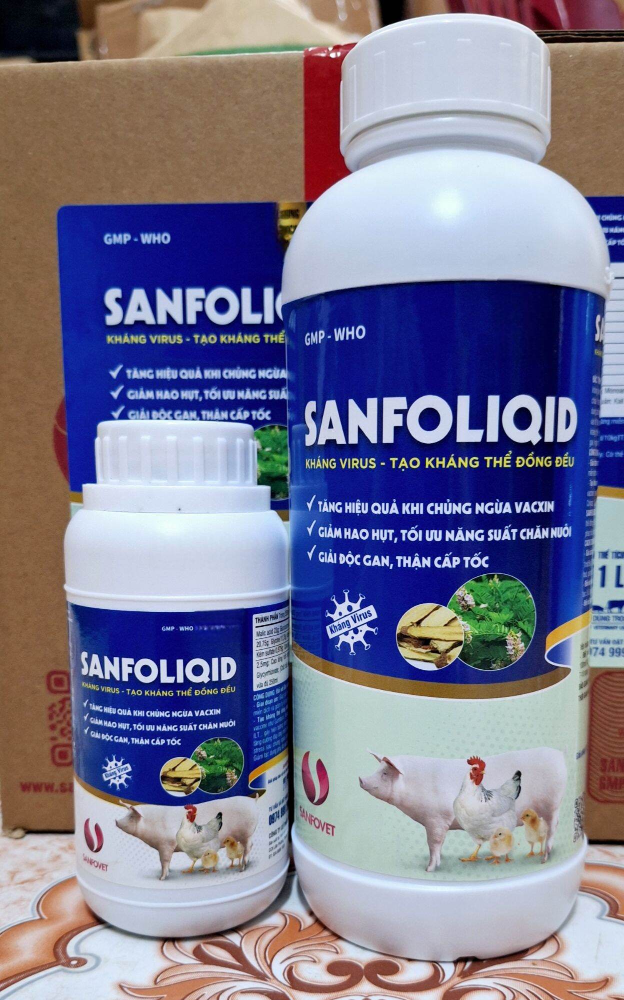 SANFOLIQID 250ML, 1 LÍT Hỗ trợ vật nuôi tạo kháng thể đồng đều kháng virus