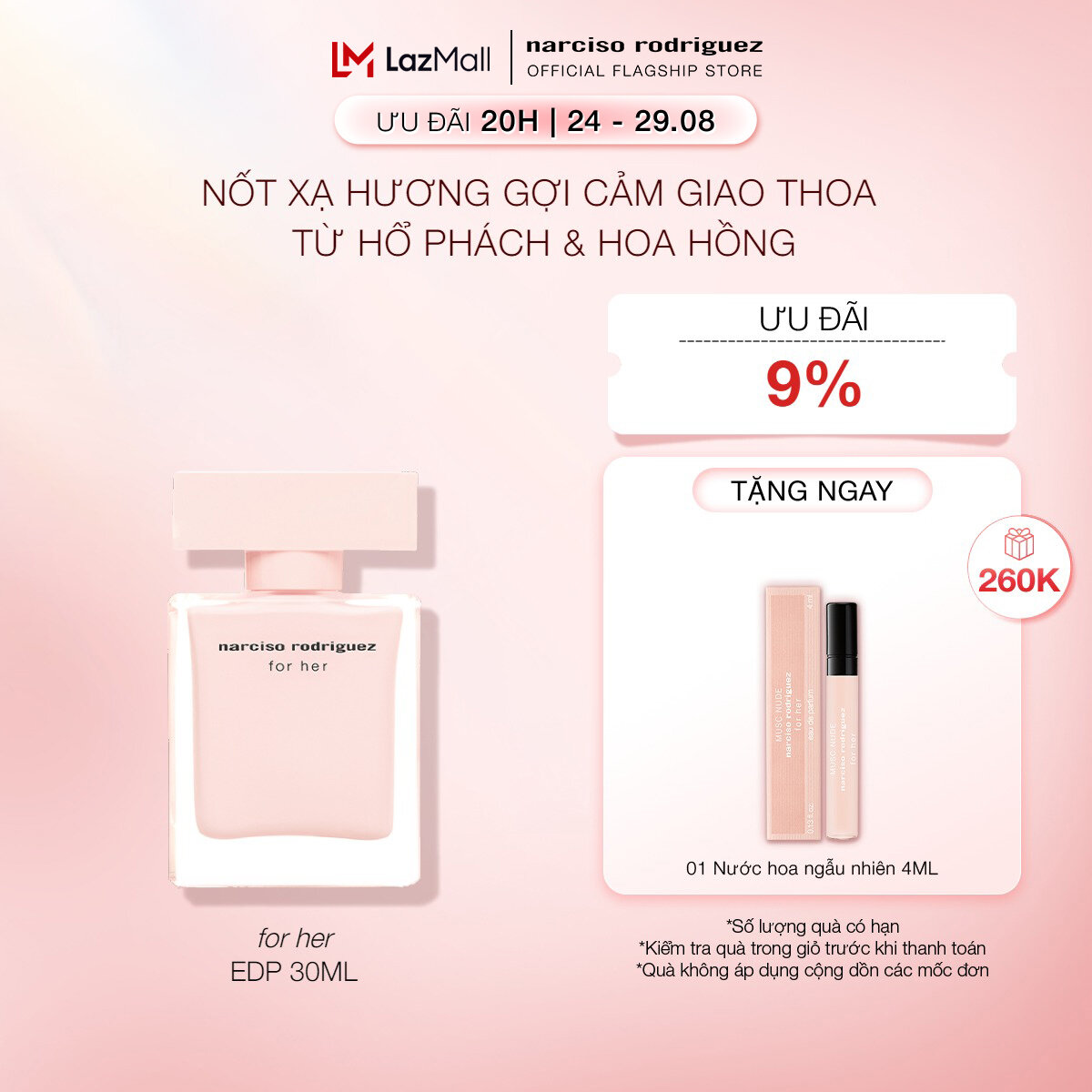 [20H | 24 - 29.08 | ƯU ĐÃI ĐẾN 19% + QUÀ TẶNG 260K] Nước Hoa nữ Narciso Rodriguez For Her Eau De Parfum 30ml