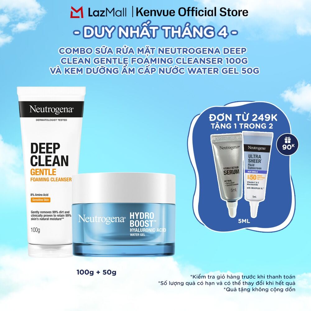 Combo Sữa rửa mặt dạng bọt sạch sâu lành tính Neutrogena Deep Clean Gentle 100g + Kem dưỡng ẩm Water gel 50g