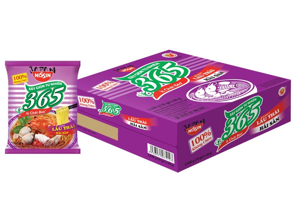 Thùng Mì nissin 365 không chiên vị lẫu thái hải sản. Sợi mì dai ngon vị đậm đà.thùng 30 gói