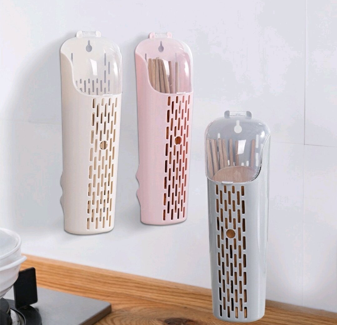 Hũ ống đựng đũa muỗng dán tường nhà bếp không cần khoan tường, ống đũa có nắp đậy, có khe thoát nước