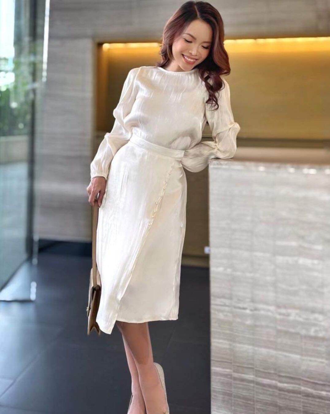 [HCM][STUNNING] Set lụa organza áo cổ tròn chân váy midi