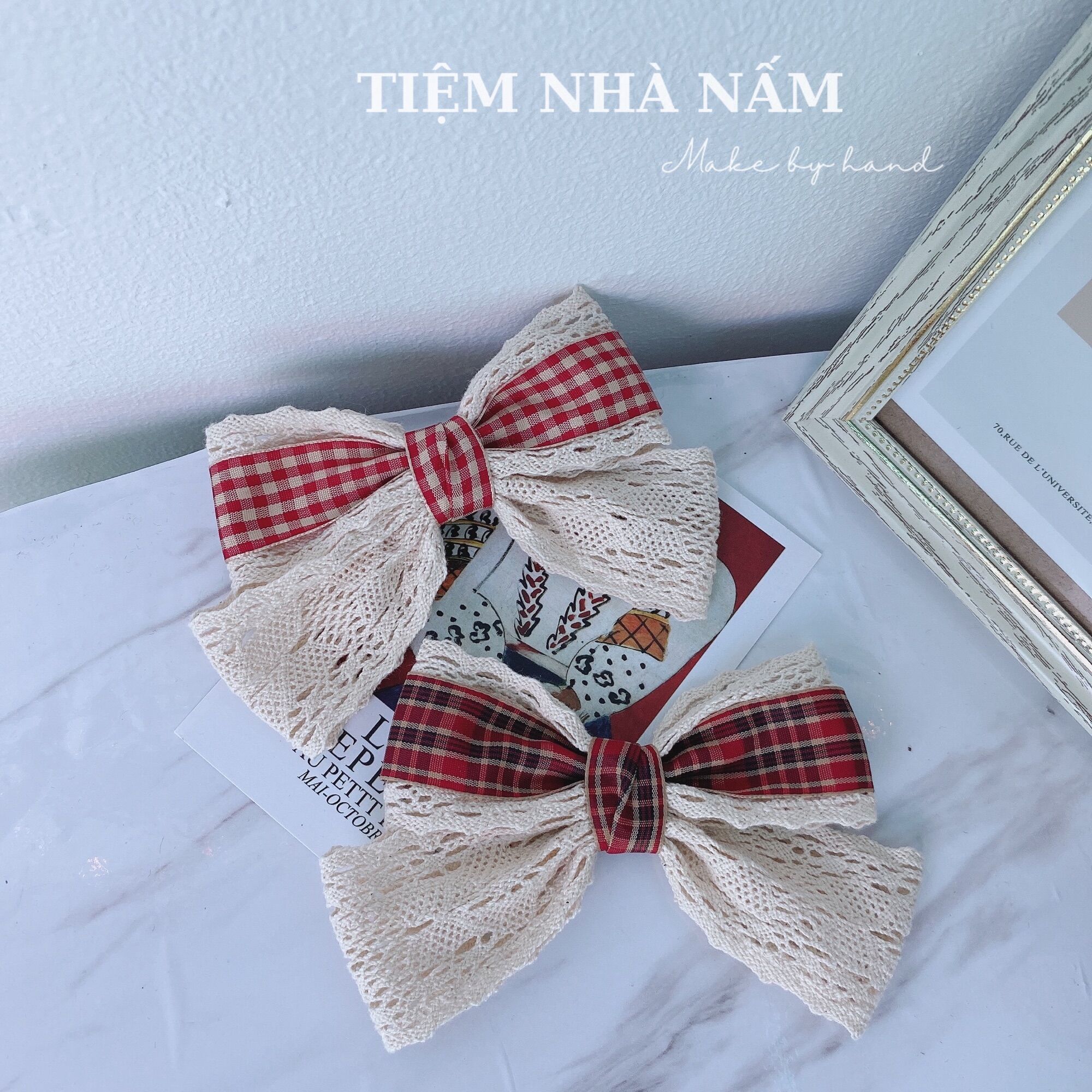 🎀 KẸP TÓC NƠ REN PHỐI CARO TIỂU THƯ - [ Nhà Nấm handmade ]