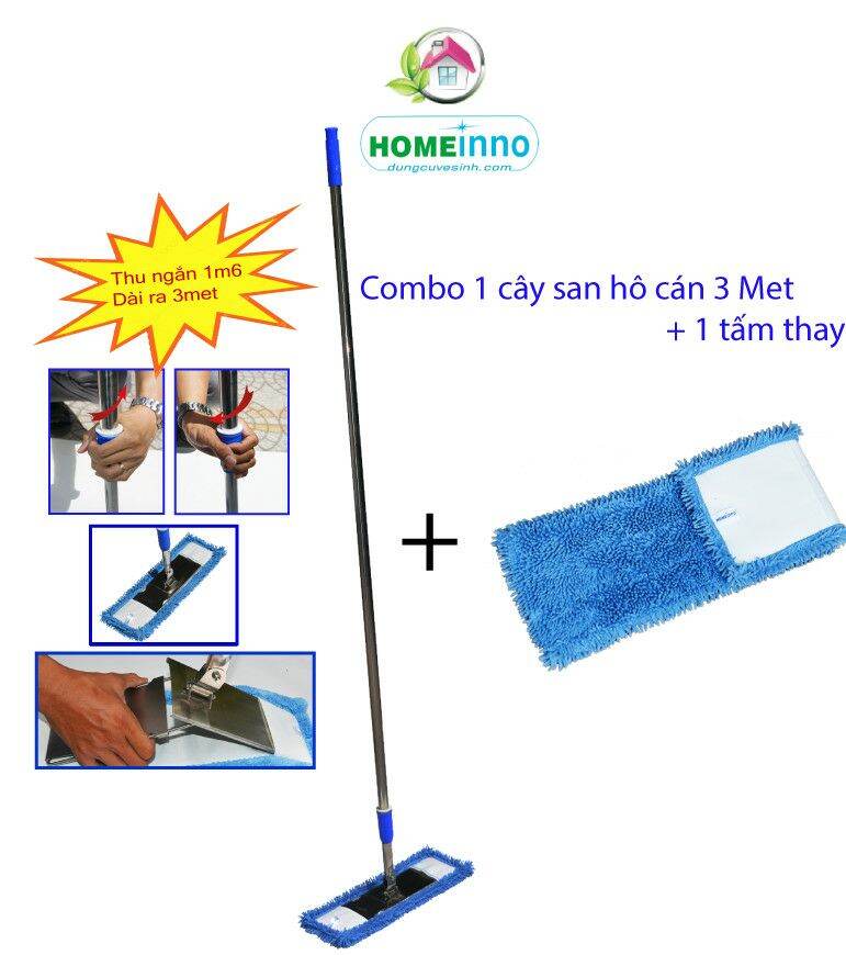 Cây Lau Nhà Lau Tường Cán Thu Ngắn 1.6mét Kéo Dài 3mét Microfiber San Hô 45cm Homeinno