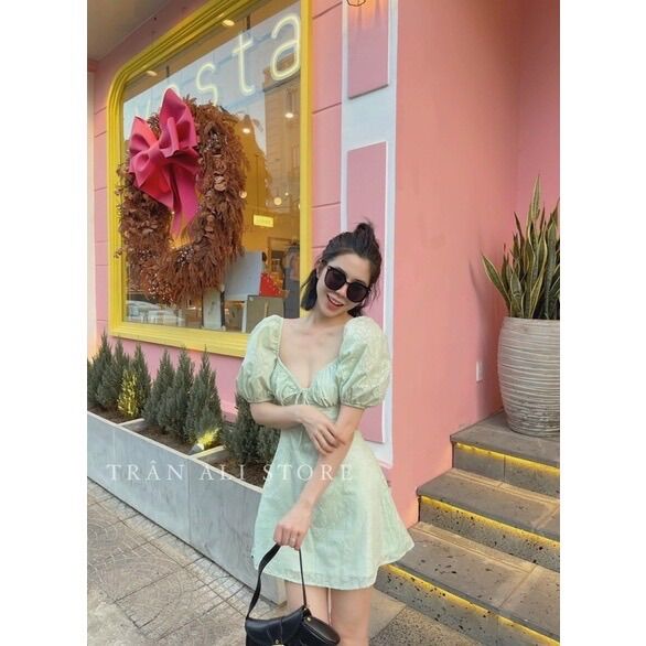 (SHOP BIGSIZE nữ 50kg đến 90kg) đầm ren dáng A tay phồng hở ngực