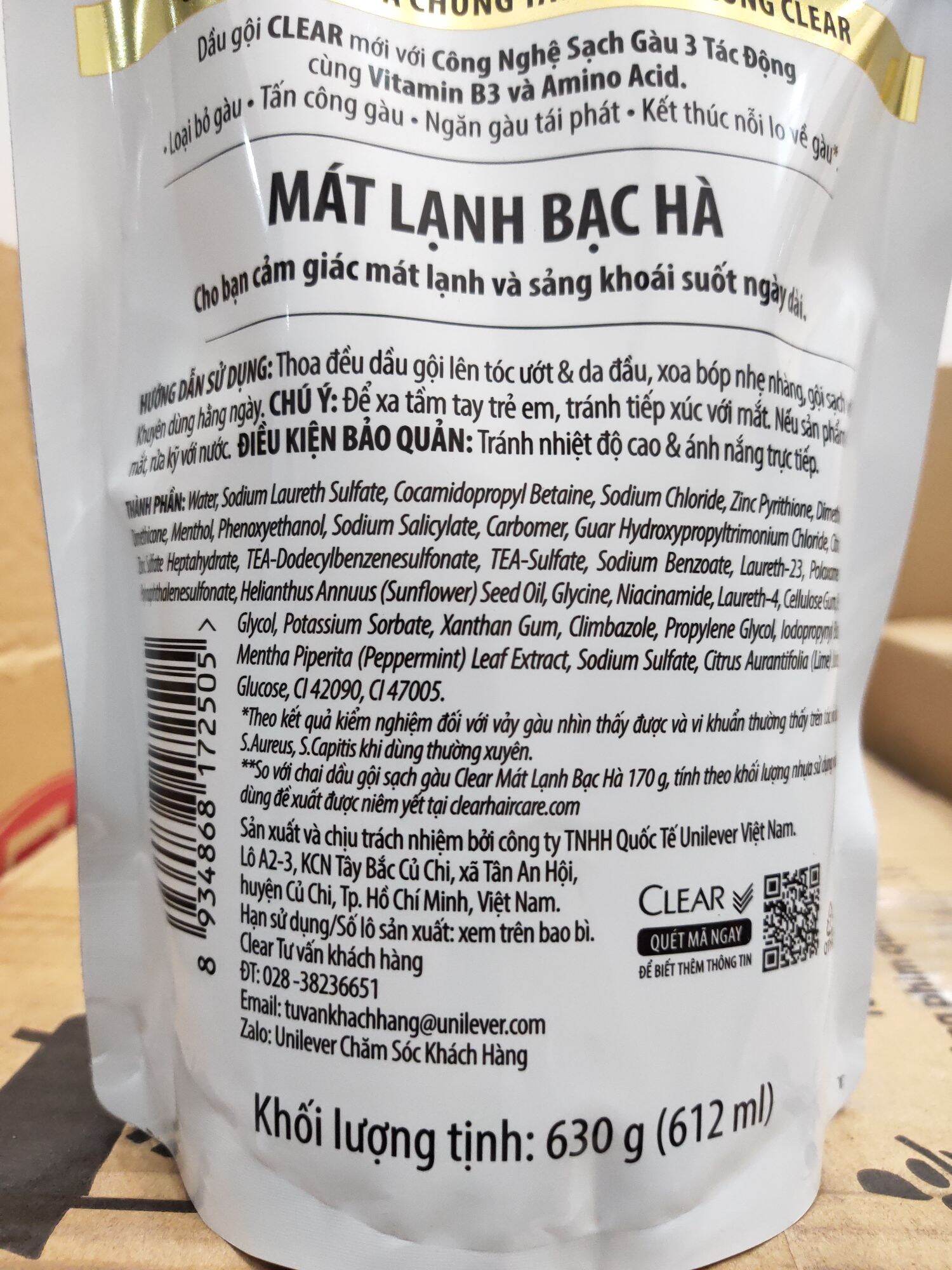 Dầu gội đầu Clear bạc hà túi 630g.