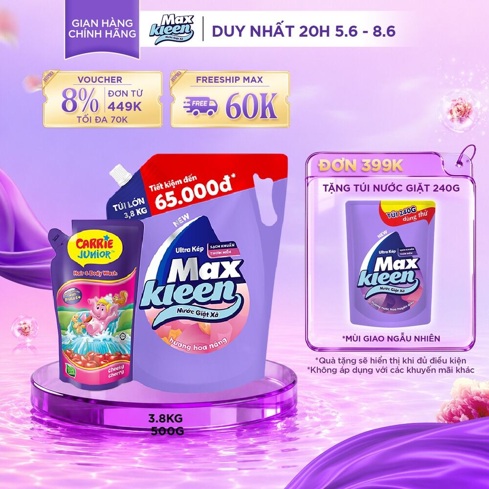 Combo Túi nước giặt MaxKleen 3.8kg + Túi sữa tắm cho bé Carrie Junior hương Cheeky Cherry 500g
