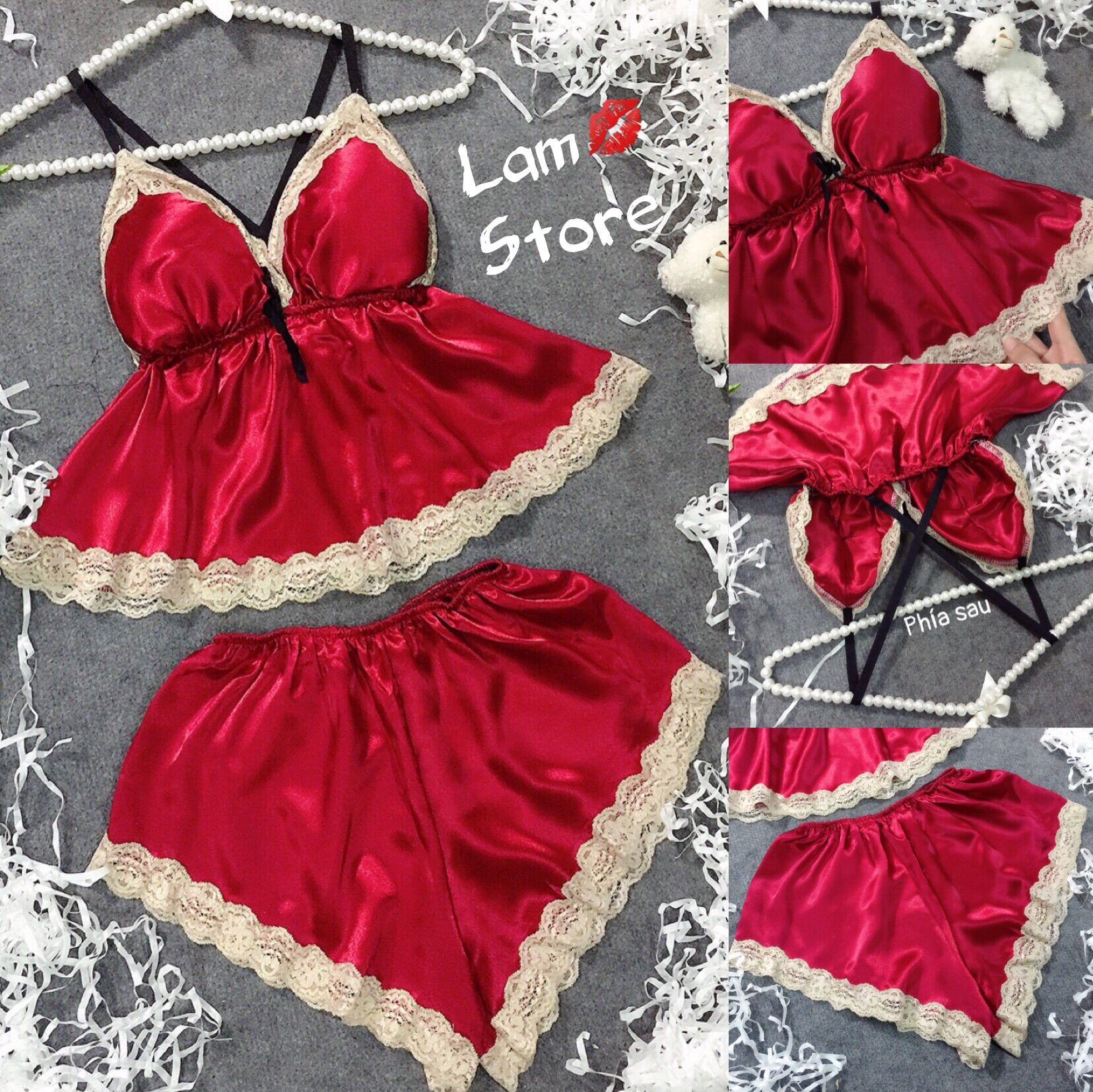 Đồ ngủ sexy phi lụa mềm mát có mút ngực chạy viền ren dây áo chéo lưng DN0003