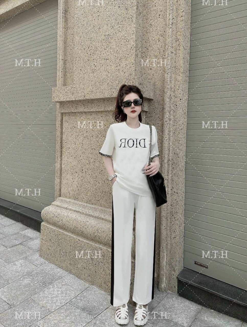 Sét bộ quần dài ống rộng thun cotton thêu lo go cao cấp