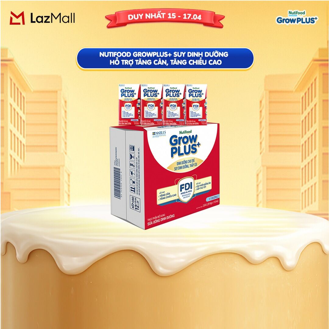 Thùng 24 hộp Sữa Nước Pha Sẵn Nutifood GrowPLUS+ Suy Dinh Dưỡng (Đỏ) - Hỗ Trợ Tăng Cân, Tăng Chiều Cao Ít đường 110ml - Trên 1 tuổi (Bao bì tùy đợt nhập hàng)