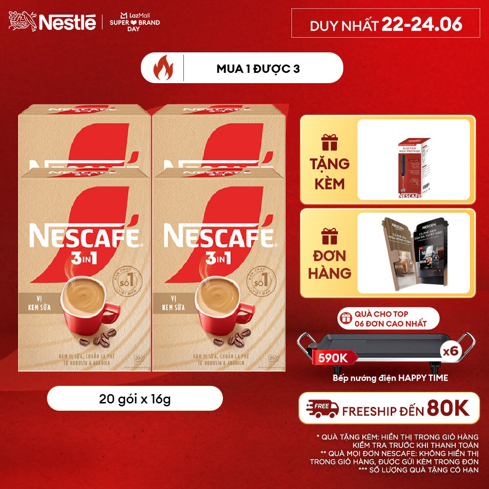 [ƯU ĐÃI THÁNG 6] Combo 4 Hộp Cà phê hòa tan NESCAFÉ 3IN1 VỊ KEM SỮA 20 gói