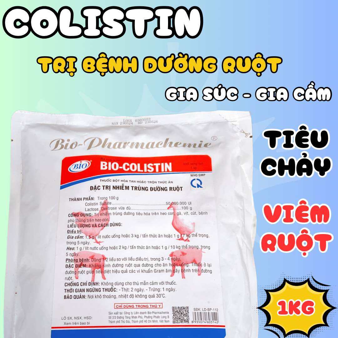 Bio Colistin đặc trị nhiễm trùng đường ruột, tiêu chảy, ăn không tiêu, chậm tiêu gia súc, gia cầm gói 1 kg