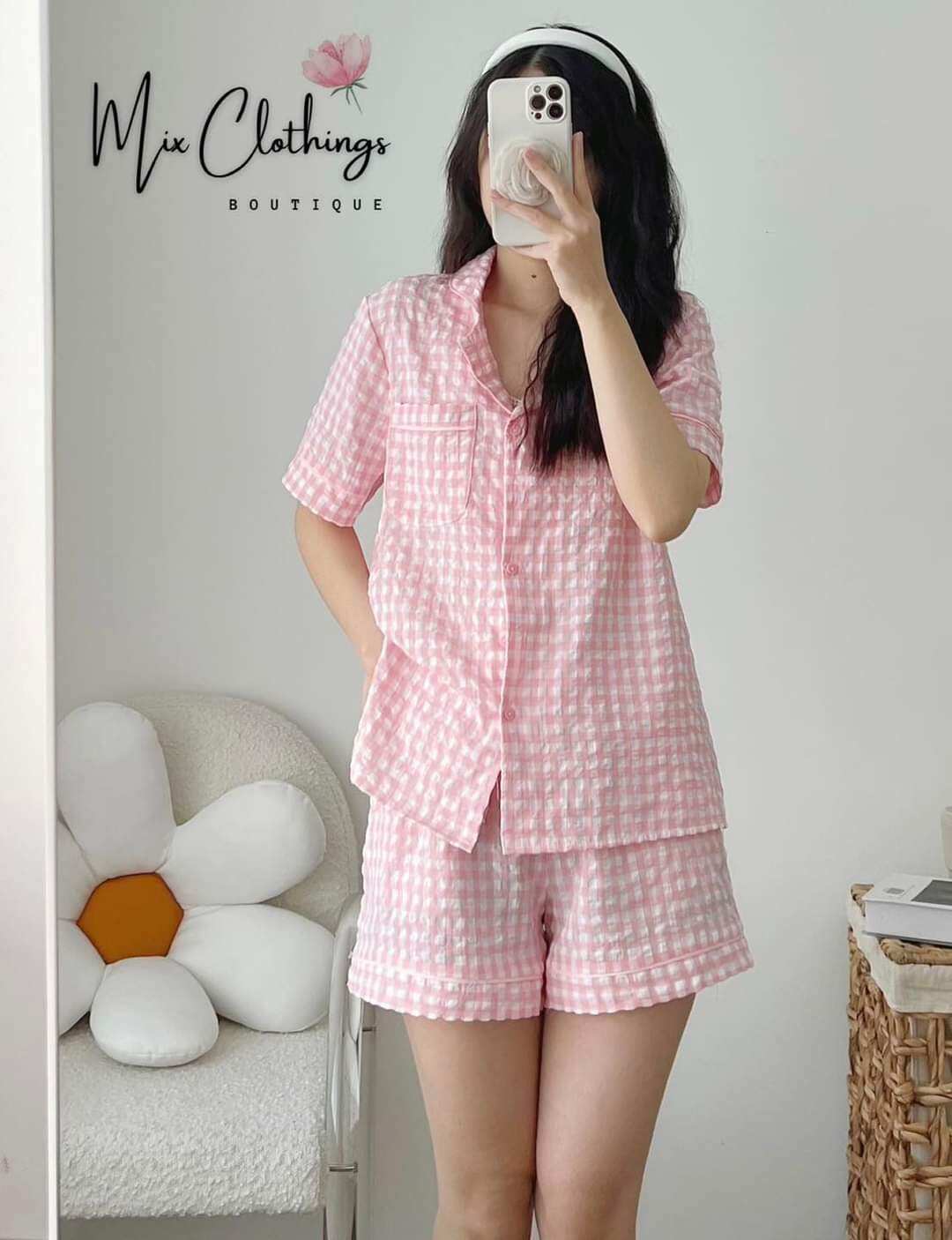 Sét bộ đùi pyjama kẻ xốp cổ vét