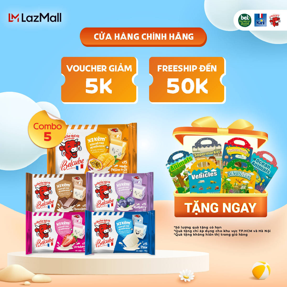 Combo 5 Phô mai vuông Belcube 15C gồm Sữa + Dâu + Việt Quất + Socola + Xoài chanh dây
