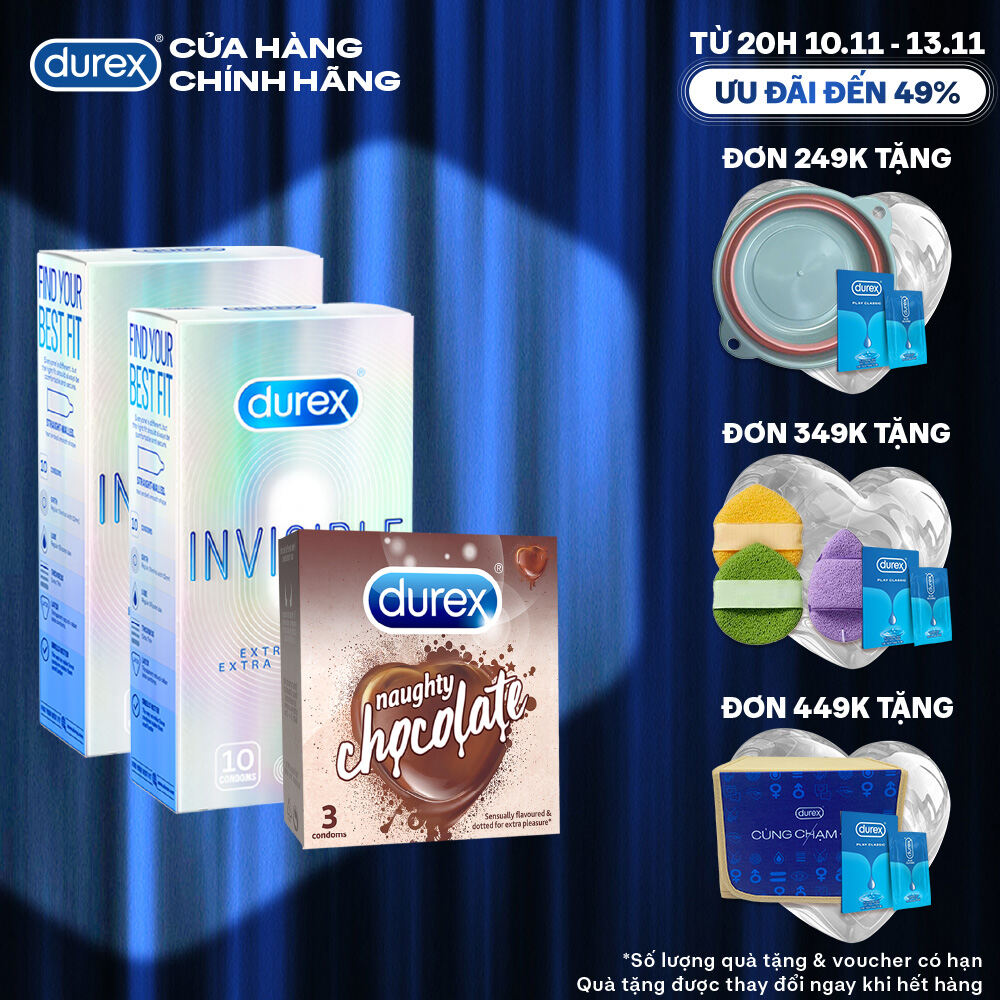 Bộ 2 hộp bao cao su Durex Invisible siêu mỏng (52mm 10 bao/hộp)+ 1 Durex Naughty Chocolate hương cho