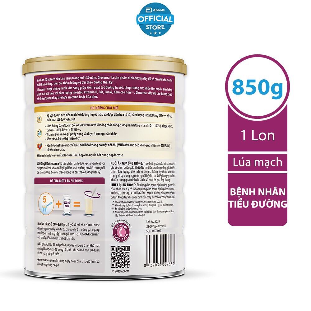 Sữa Bột Glucerna Hương Lúa Mạch 850g