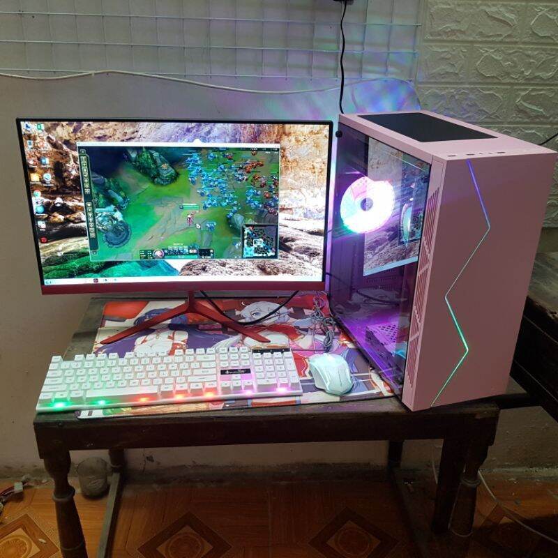 Bảng giá Cây máy tính văn phòng và chơi game siêu đẹp màu hồng (pink) có mặt kính trong suốt và fan Phong Vũ
