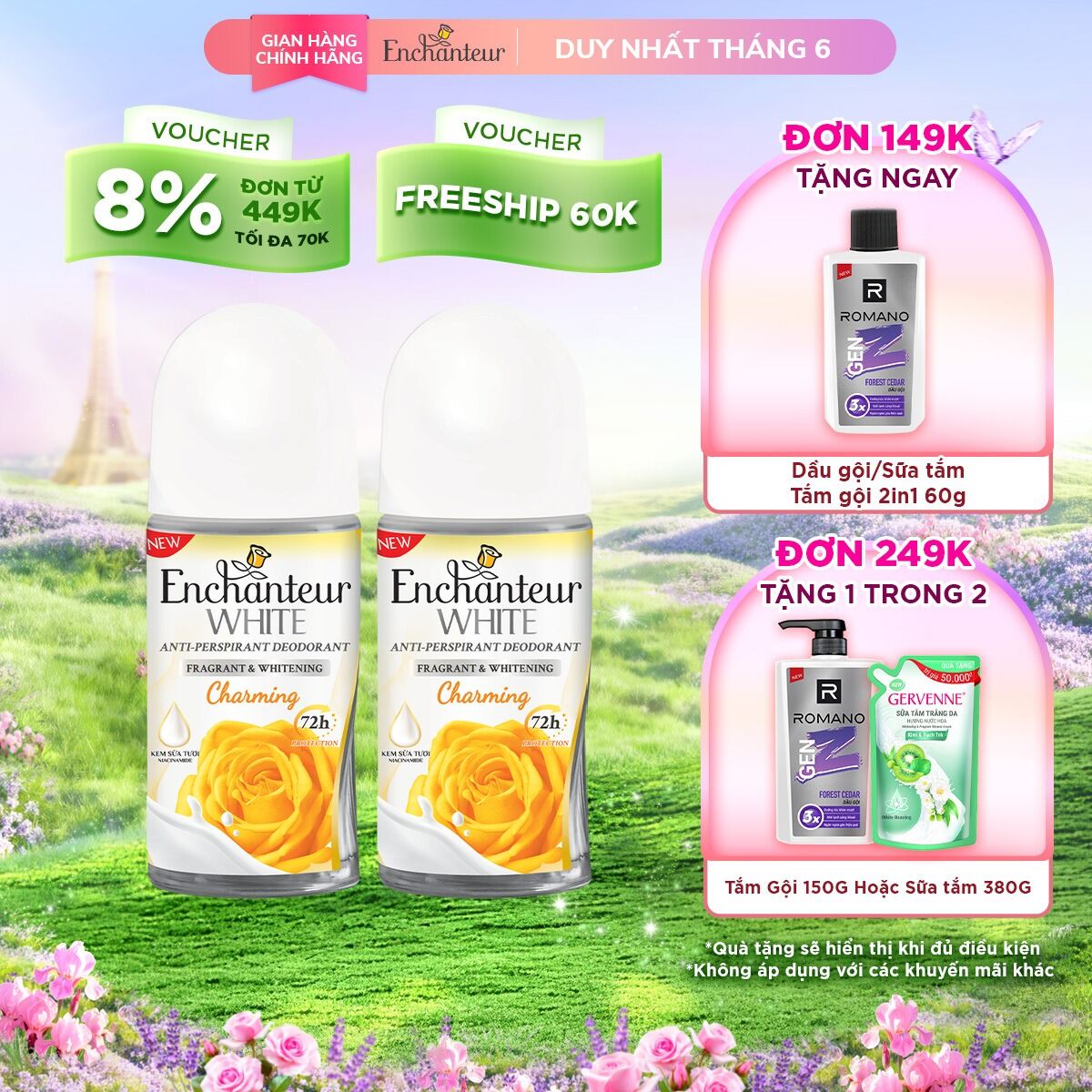 Combo 2 Lăn khử mùi trắng da Enchanteur Charming 50ml/ Chai
