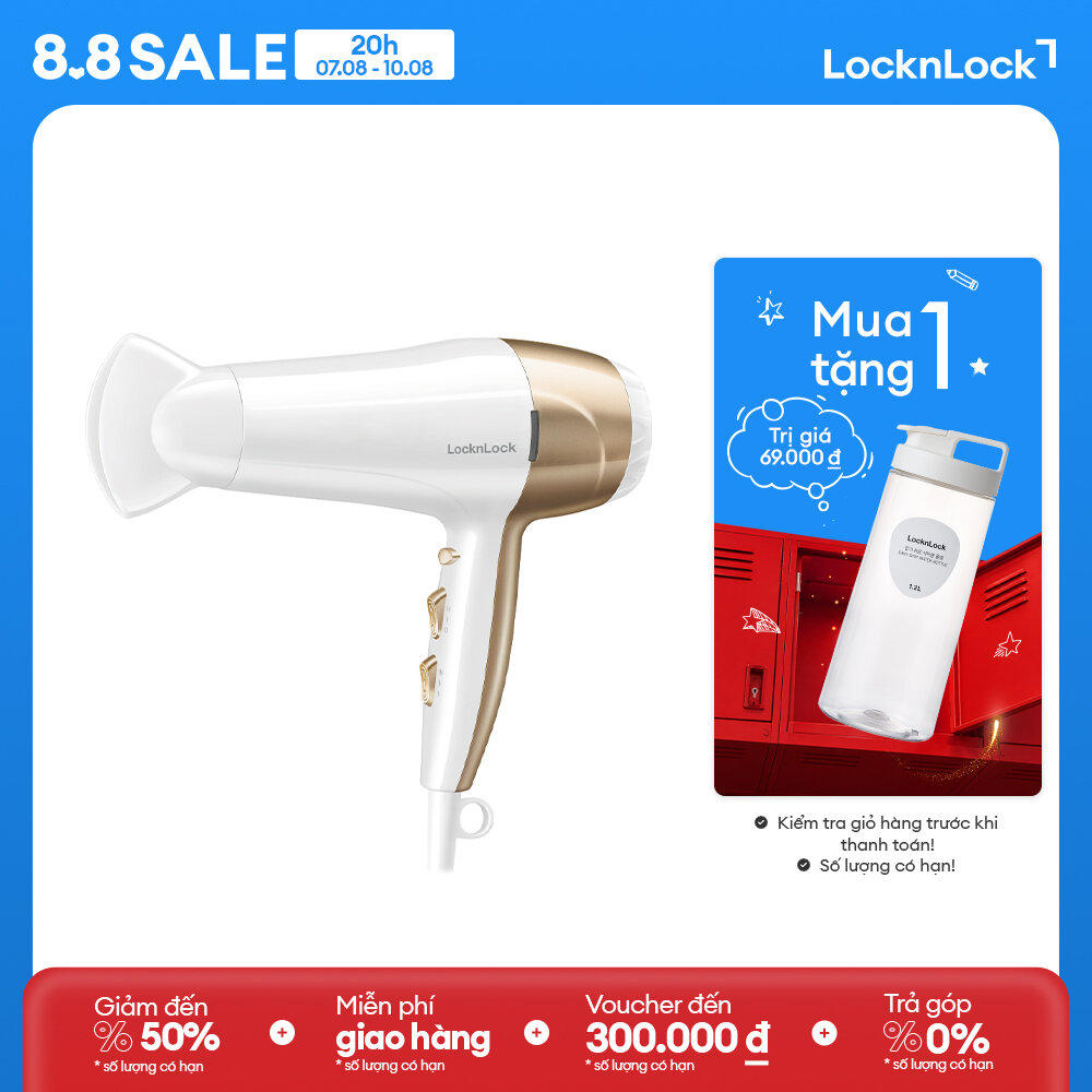 Ena136wht - máy sấy tóc lock&lock cao cấp - 3 chế độ nhiệt, có nút làm mát 2200w - màu trắng - hàng chính hãng - bảo hành 2 năm
