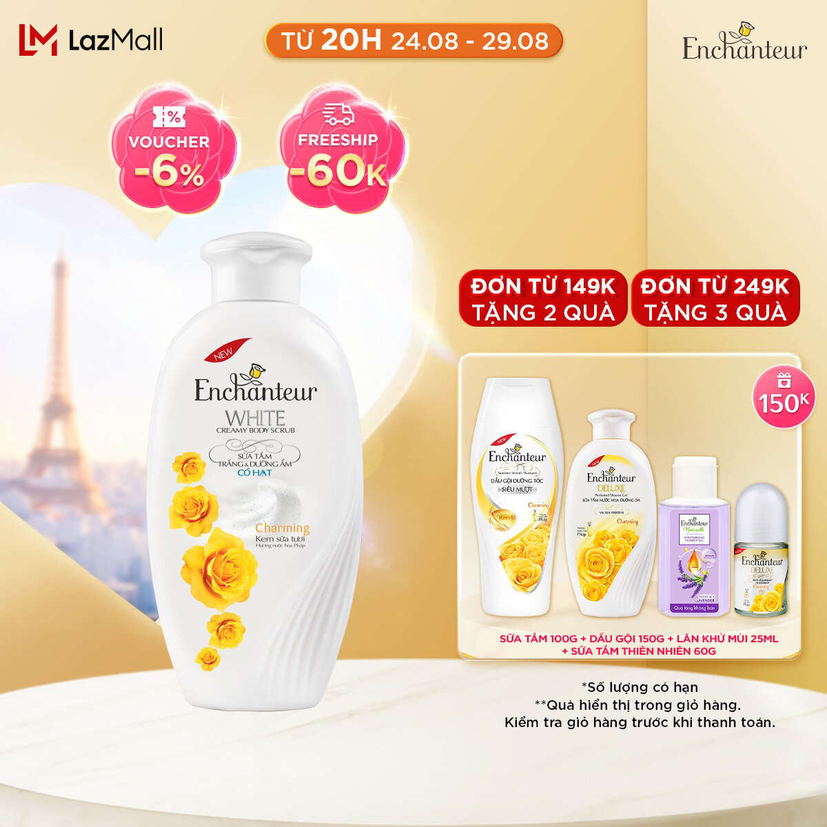 Sữa tắm trắng và dưỡng ẩm có hạt Enchanteur Charming mịn màng 180gr WHITE CREAMY BODY SCRUB