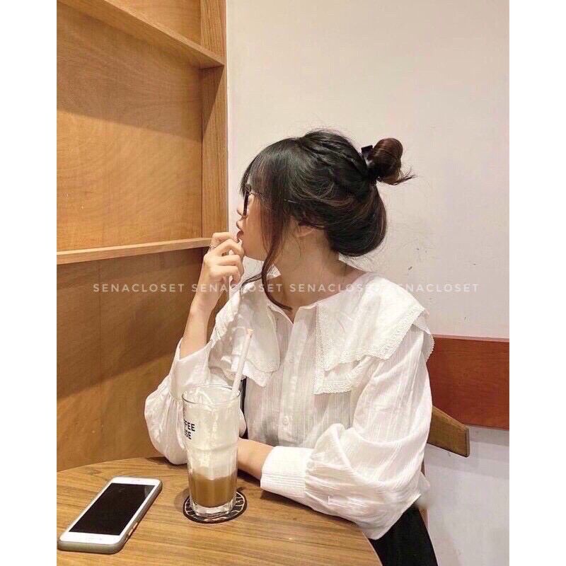 Áo sơmi cổ vuông ren 2 tầng