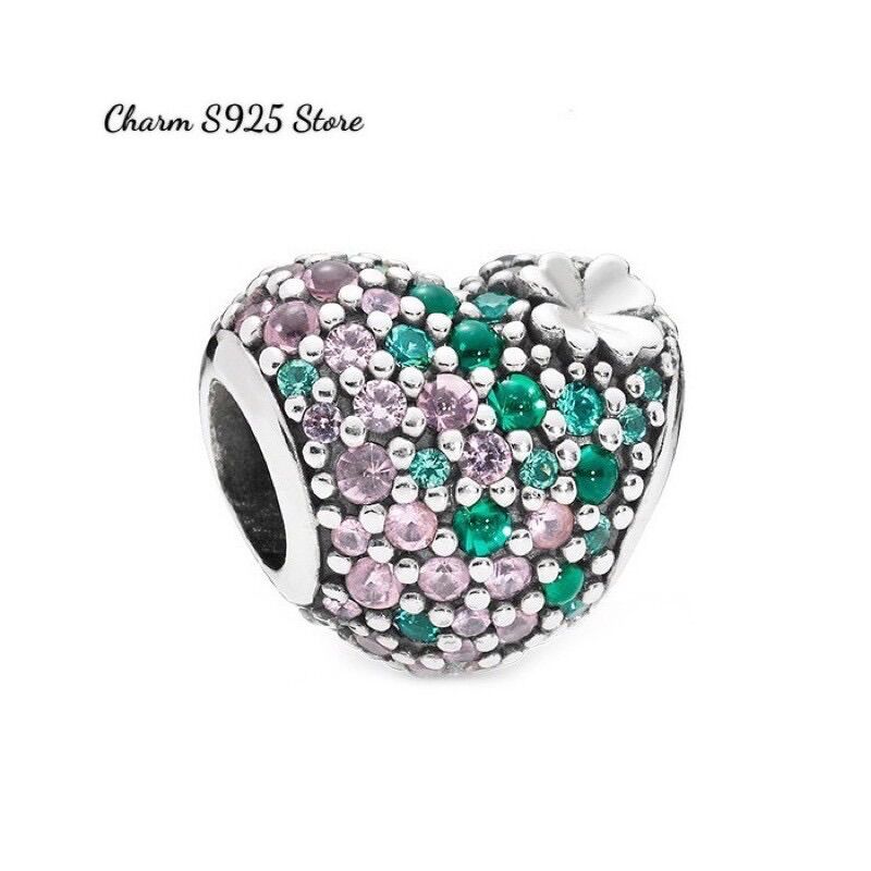 CHARM PAN ALE TIM ĐÍNH ĐÁ CỎ 4 LÁ MAY MẮN BẠC S925