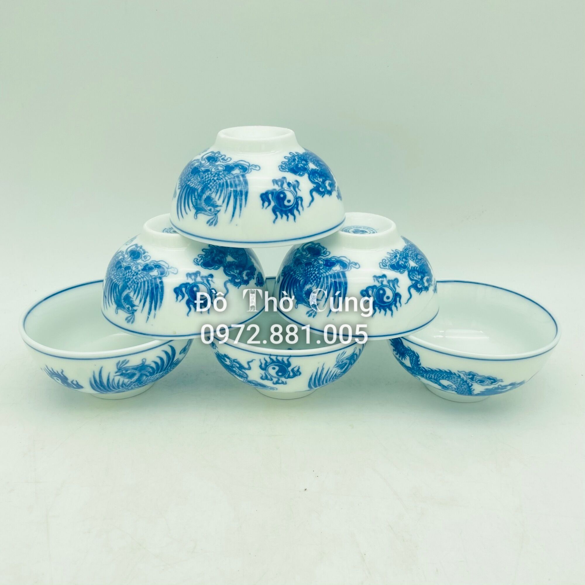 Bát cơm thờ men lam, rồng phượng, bát cúng ( 1 cái )