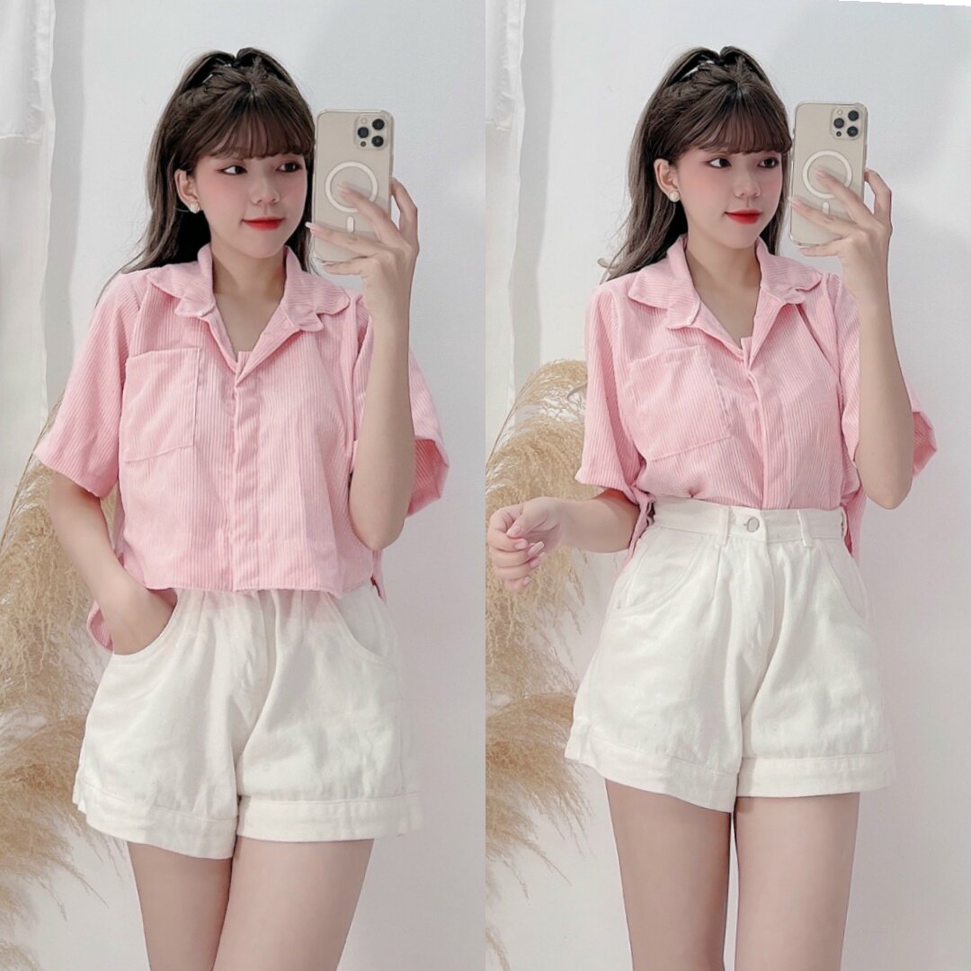 Áo Sơmi Nhung Tăm Croptop