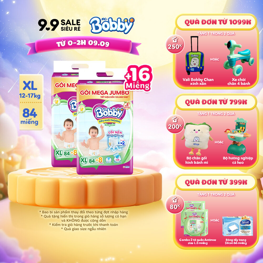 Combo 2 gói Tã quần Bobby Mega Jumbo Gạo non 3mm  M112/L96/XL84/XXL76