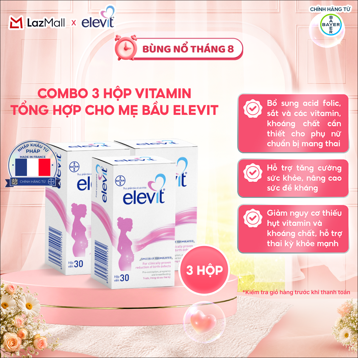 Bộ 3 Hộp Vitamin Bầu Tổng Hợp Elevit Cho Phụ Nữ Trước, Trong và Sau Thai Kỳ (30 Viên/ Hộp)