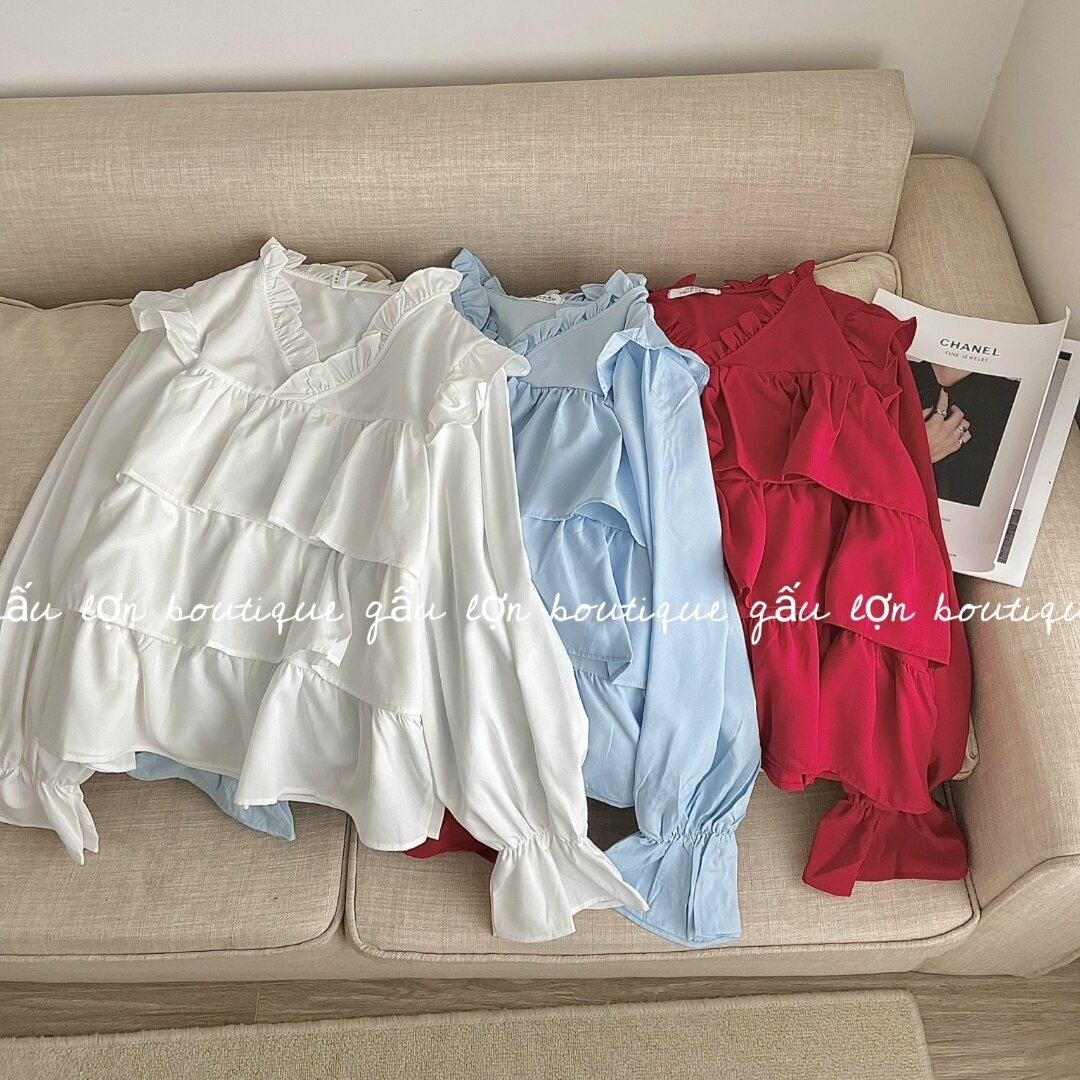 Áo babydoll cổ v bèo 3tầng tiểu thư
